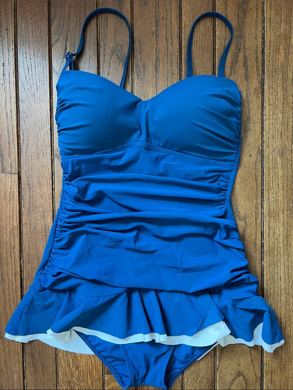 Gottex Blue & White Pin-Up On Piece Swim Ruffle Hem Size 10 Like New